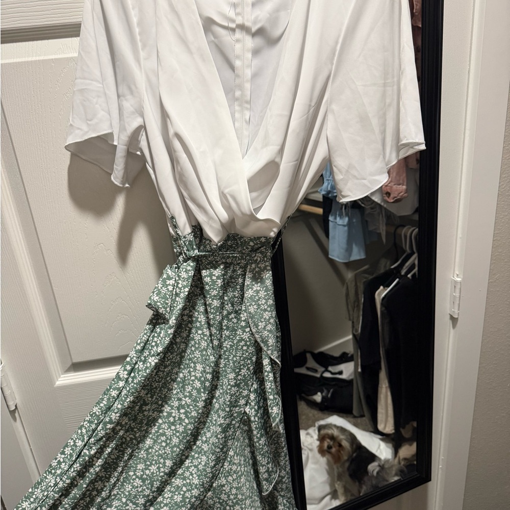 SHEIN Green and White Maxi Wrap Dress